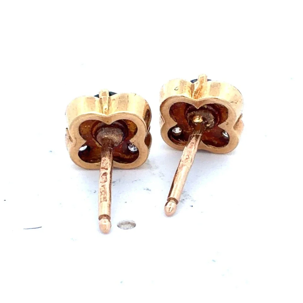 Designer 18K Yellow Gold Sapphire Diamond Accent Flower Clover Stud Earrings